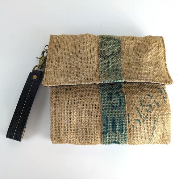 Unknown Handbags - Upcycled Burlap Coffee Sack 11x10" Hand Bag Purse Italian Leather Strap Handle